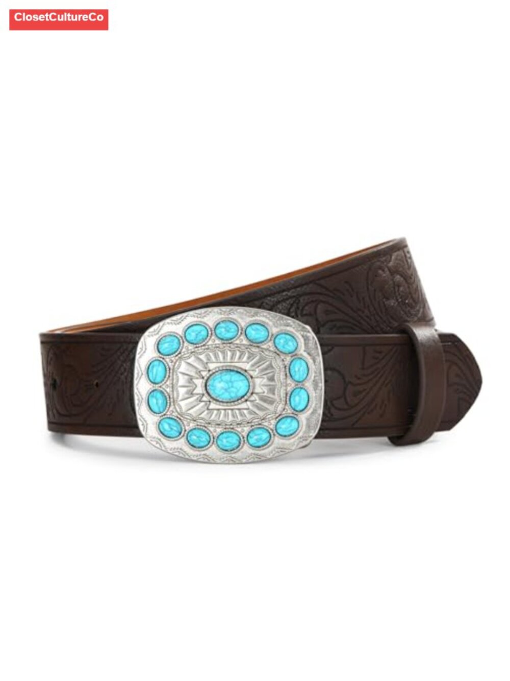 Faux Leather Western Belt Turquoise Buckle Cowgirl Jeans
